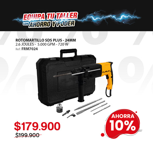 Rotomartillo FURIUS FIRE 7024 SDS Plus 720W 2.6J 24mm 110V con 3 funciones