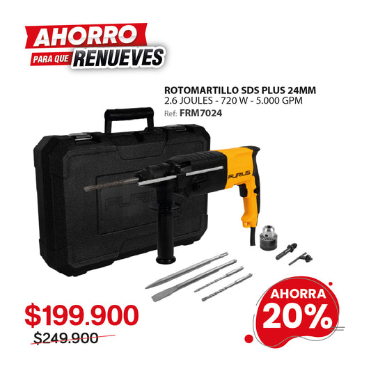 Rotomartillo FURIUS FIRE 7024 SDS Plus 720W 2.6J 24mm 110V con 3 funciones