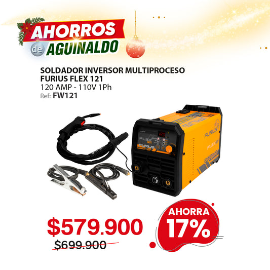 Soldador inversor multiproceso de 1 Kg FURIUS FLEX 121 120A 110V MIG/TIG/electrodo