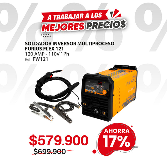 Soldador inversor multiproceso de 1 Kg FURIUS FLEX 121 120A 110V MIG/TIG/electrodo