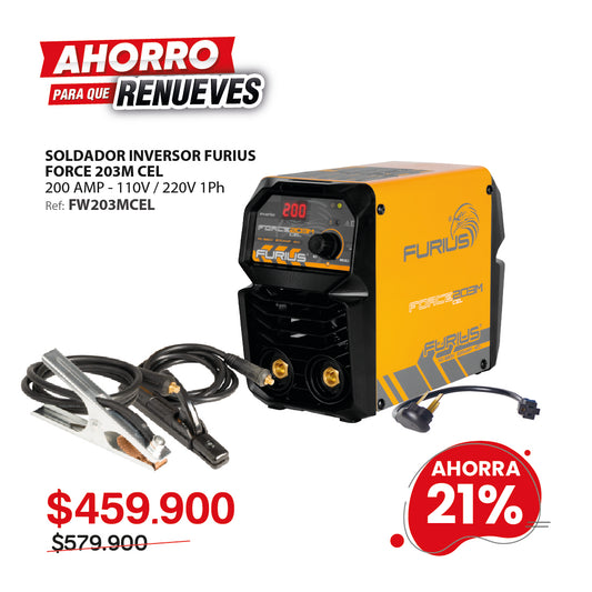 Soldador inversor FURIUS FORCE 203M CEL 200A 110/220V para electrodo y TIG raspado