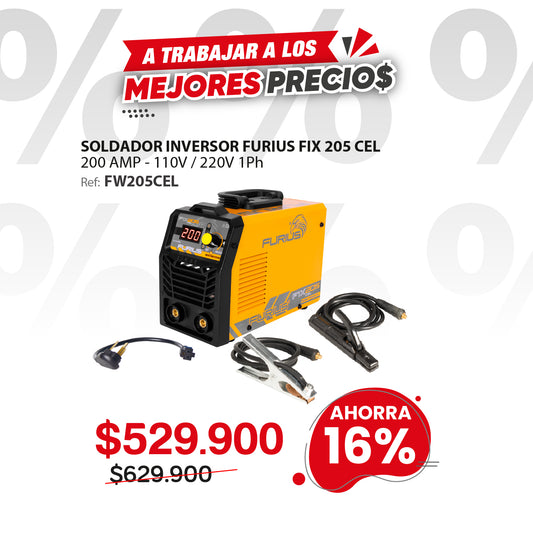 Soldador inversor FURIUS FIX 205CEL 200A 110/220V para electrodo y TIG raspado