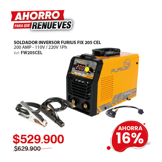 Soldador inversor FURIUS FIX 205CEL 200A 110/220V para electrodo y TIG raspado