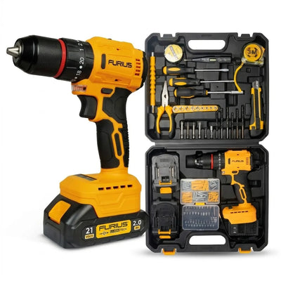 Taladro percutor inalambrico brushless 21V +  2  baterias  de 2 Amp + cargador + accesorios + maletin plastico