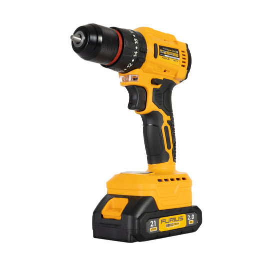 Taladro Percutor Inalámbrico Brushless 21V 1/2” FURIUS con 2 Baterías, cargador y Estuche Plástico