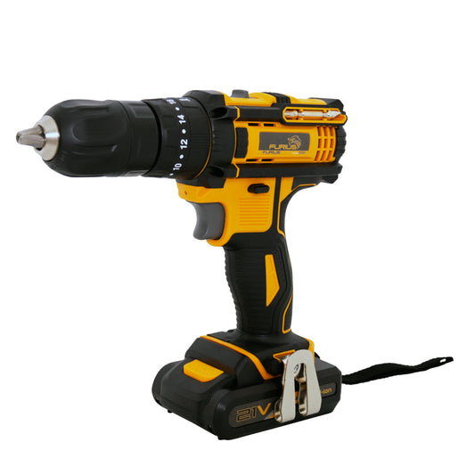 Taladro Percutor Atornillador Inalámbrico 21V de 1/2" (13mm) FURIUS con 2 Baterías, Cargador y Estuche Plástico
