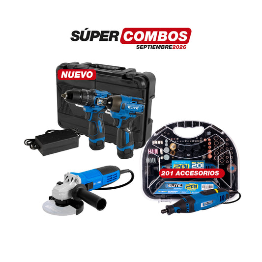 COMBO TALADRO PERCUTOR Y ATORNILLADOR DE IMPACTO + ESMERILADORA ANGULAR + MOTO TOOL
