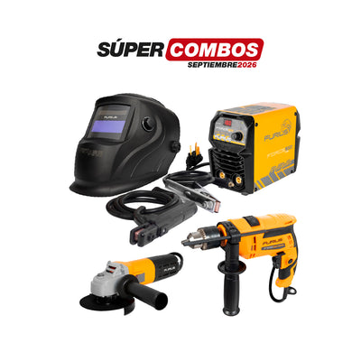 COMBO SOLDADOR INVERSOR + CARETA FOTOSENSIBLE + ESMERILADORA ANGULAR + TALADRO PERCUTOR