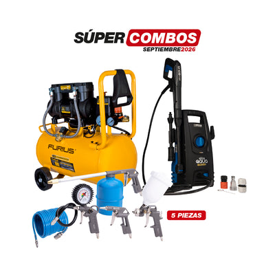 COMBO COMPRESOR DE AIRE SILENCIOSO + HIDROLAVADORA ELECTRICA + SET DE ACCESORIOS PARA COMPRESOR