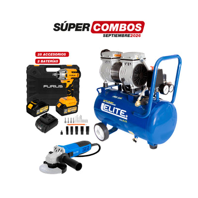 COMBO LLAVE DE IMPACTO INALAMBRICA + ESMERILADORA ANGULAR + COMPRESOR LIBRE DE ACEITE