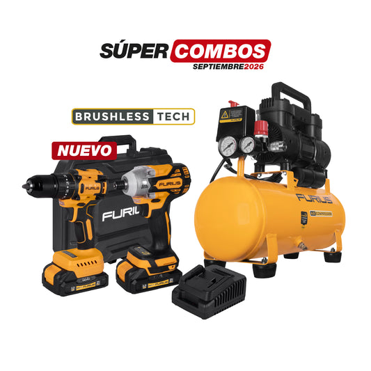 COMBO COMPRESOR DE AIRE SILENCIOSO + KIT TALADRO PERCUTOR + ATORNILLADOR DE IMPACTO