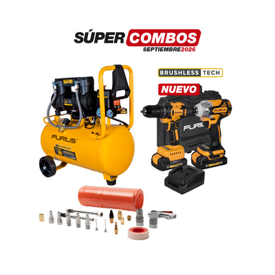 COMBO COMPRESOR DE AIRE SILENCIOSO + KIT TALADRO PERCUTOR + ATORNILLADOR DE IMPACTO + KIT DE ACCESORIOS PARA COMPRESOR