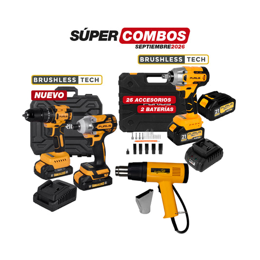 COMBO KIT TALADRO PERCUTOR + ATORNILLADOR DE IMPACTO + PISTOLA DE CALOR + LLAVE DE IMPACTO INALAMBRICA