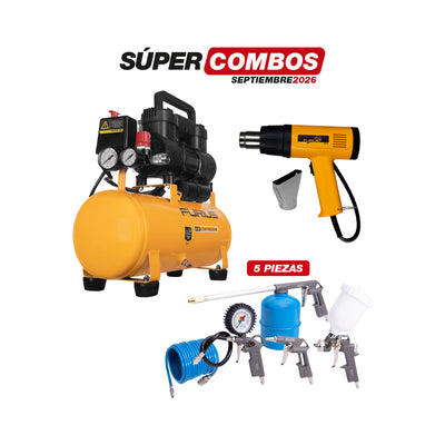 COMBO COMPRESOR DE AIRE SILENCIOSO + SET DE ACCESORIOS PARA COMPRESOR + PISTOLA DE CALOR
