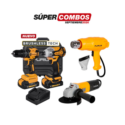 COMBO KIT TALADRO PERCUTOR + ATORNILLADOR DE IMPACTO + PISTOLA DE CALOR + ESMERILADORA ANGULAR