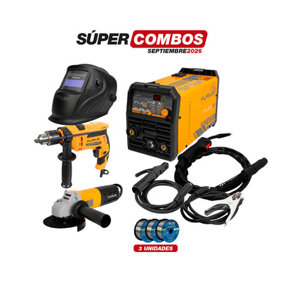 COMBO SOLDADOR INVERSOR + TALADRO PERCUTOR + CARETA FOTOSENSIBLE + ROLLO ALAMBRE FLUX CORED + ESMERILADORA ANGULAR