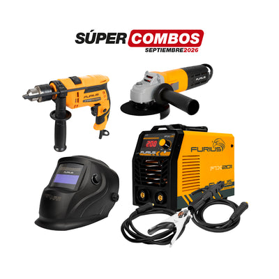 COMBO SOLDADOR INVERSOR + CARETA FOTOSENSIBLE + TALADRO PERCUTOR + ESMERILADORA ANGULAR