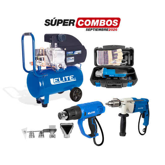 COMBO COMPRESOR DE AIRE + TALADRO DE ROTACION + KIT ESMERILADORA ANGULAR + PISTOLA DE CALOR