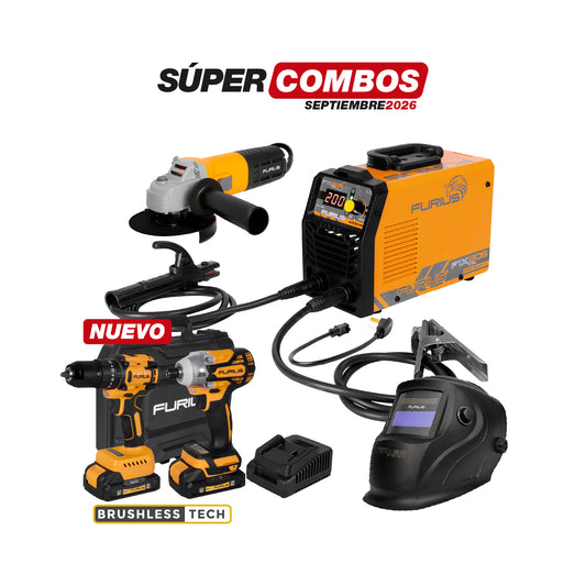 COMBO SOLDADOR INVERSOR + KIT TALADRO PERCUTOR + ATORNILLADOR DE IMPACTO + CARETA FOTOSENSIBLE + ESMERILADORA ANGULAR