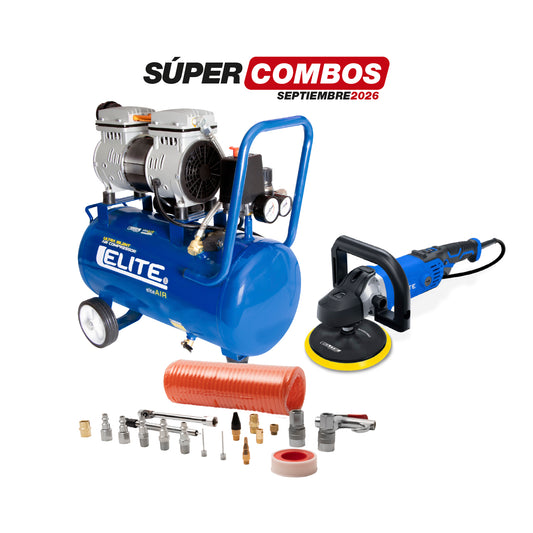 COMBO COMPRESOR LIBRE DE ACEITE + PULIDORA/POLICHADORA ELECTRICA + KIT DE ACCESORIOS PARA COMPRESOR