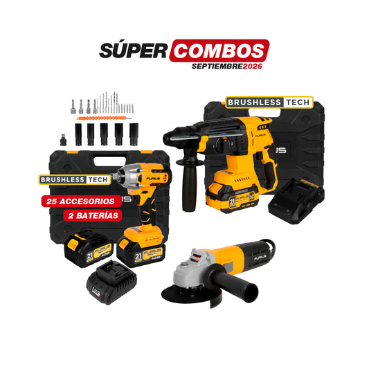 COMBO ROTOMARTILLO INALAMBRICO + LLAVE DE IMPACTO INALAMBRICA + ESMERILADORA ANGULAR