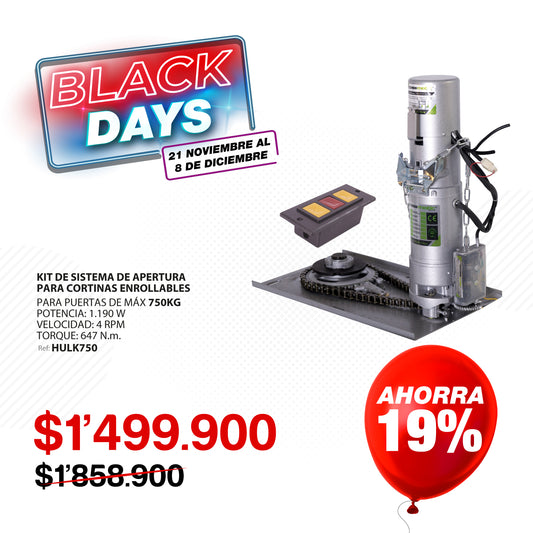 Sistema lateral de apertura para puertas enrollables de hasta 750 Kg (peso muerto). HULK750