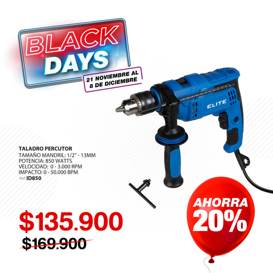 Taladro percutor ELITE ID850 850W 13mm 110V con velocidad variable