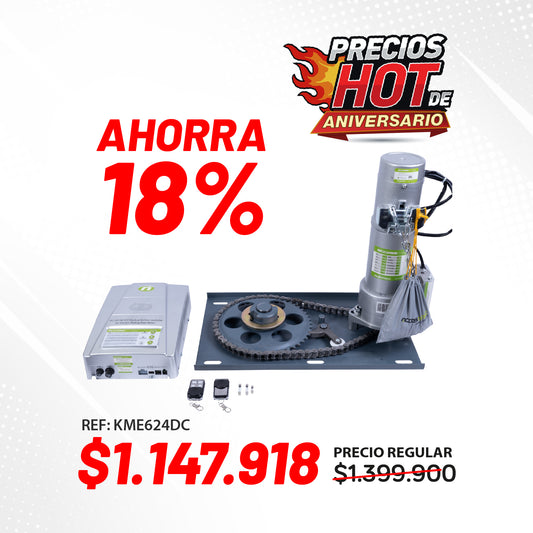 Sistema de apertura lateral para puertas enrollables de hasta 600 Kg (peso muerto) a 24V. ME624DC