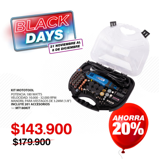 Mototool 180W Mango Encauchetado, Velocidad Variable con guaya y 210 Accesorios, 110V-60Hz