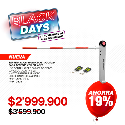 Barrera (aguja) para accesos vehiculares de 2 metros de uso intensivo. Para trabajar con asta (aguja) recta de 2 metros. Con dirección intercambiable. MTD224