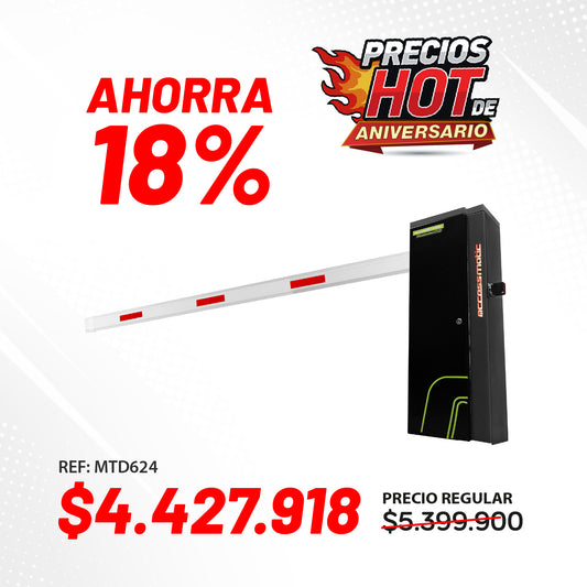 Barrera (aguja) para accesos vehiculares de 3 a 6 metros de uso intensivo. Disponible para trabajar con asta (aguja) telescópica ajustable de 3 a 6 metros o con asta (aguja) articulada de 4 metros. Con dirección intercambiable. MTD624