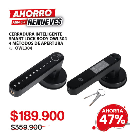 Cerradura inteligente ACCESSMATIC para puertas interiores de hasta 6cm de ancho. 4 métodos de apertura: huella, aplicación (bluetooth), contraseña y llave. OWL304