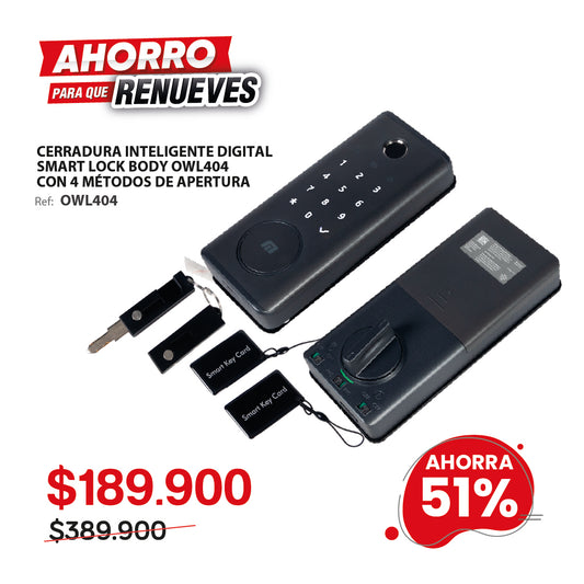 Cerradura inteligente ACCESSMATIC para puertas de hasta 6cm de ancho. 4 métodos de apertura: huella, aplicación (bluetooth), contraseña y llave. OWL404