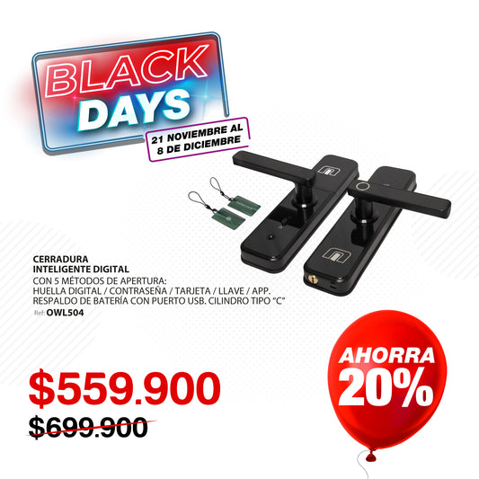 Cerradura inteligente con wifi para puertas de hasta 8cm de ancho. 5 métodos de apertura: huella, aplicación (wifi), clave, tarjeta y llave. OWL504
