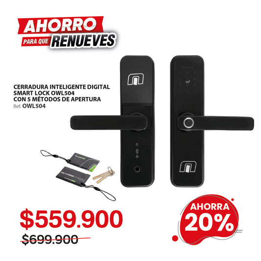 Cerradura inteligente con wifi para puertas de hasta 8cm de ancho. 5 métodos de apertura: huella, aplicación (wifi), clave, tarjeta y llave. OWL504