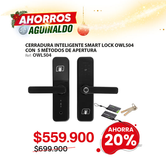 Cerradura inteligente con wifi para puertas de hasta 8cm de ancho. 5 métodos de apertura: huella, aplicación (wifi), clave, tarjeta y llave. OWL504