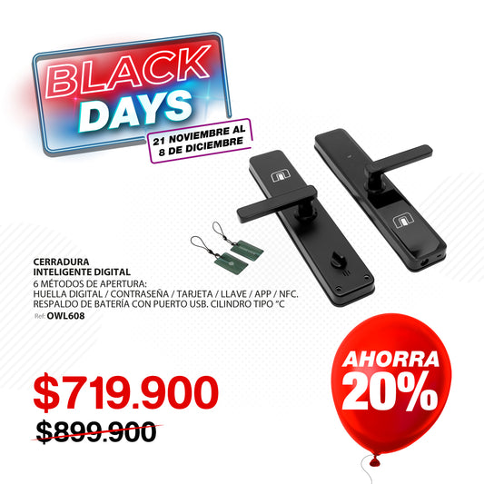 Cerradura inteligente con wifi para puertas de hasta 12cm de ancho. 6 métodos de apertura: huella, aplicación, clave, tarjeta, llave y NFC. OWL608