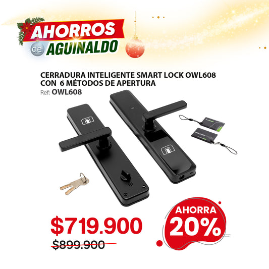 Cerradura inteligente con wifi para puertas de hasta 12cm de ancho. 6 métodos de apertura: huella, aplicación, clave, tarjeta, llave y NFC. OWL608