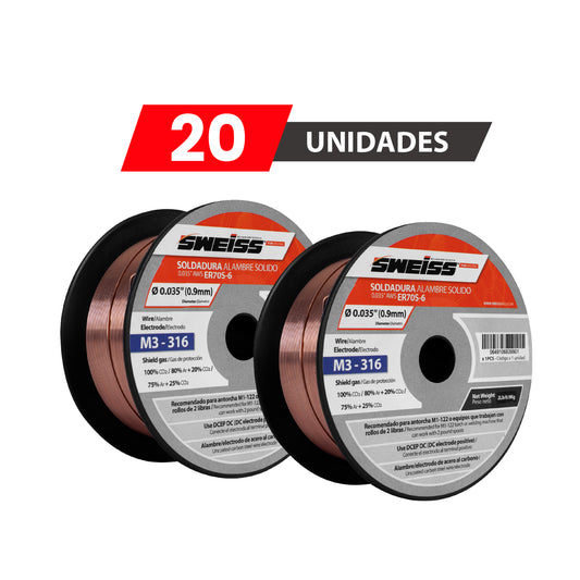PACK X20 Rollo soldadura MIG alambre acero al carbon 0.035'  0.9mm AWS ER70S-6 (2 Lb)