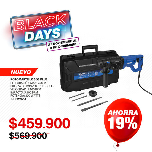 Rotomartillo SDS Plus Elite RM2604 800W 3.2J 5100GPM 26mm