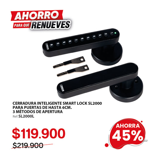 Cerradura inteligente ELITE para puertas de hasta 6cm de ancho. 3 métodos de apertura: aplicación (bluetooth), clave y llave. SL2000L