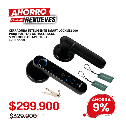 Cerradura inteligente ELITE para puertas de hasta 6cm de ancho. 4 métodos de apertura: huella, aplicación (bluetooth), contraseña y llave. SL3000