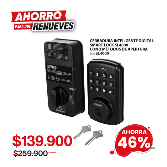 Cerradura inteligente ELITE para puertas de hasta 6cm de ancho. 3 métodos de apertura: aplicación (bluetooth), clave y llave. SL4000