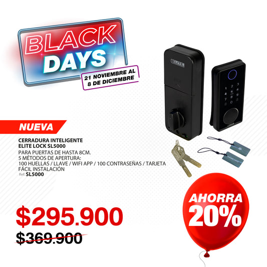 Cerradura inteligente ELITE de fácil instalación para puertas de hasta 8cm de ancho. 5 métodos de apertura: huella, aplicación (wifi), tarjeta, contraseña y llave. SL5000
