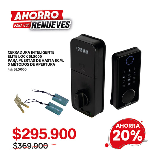 Cerradura inteligente ELITE de fácil instalación para puertas de hasta 8cm de ancho. 5 métodos de apertura: huella, aplicación (wifi), tarjeta, contraseña y llave. SL5000