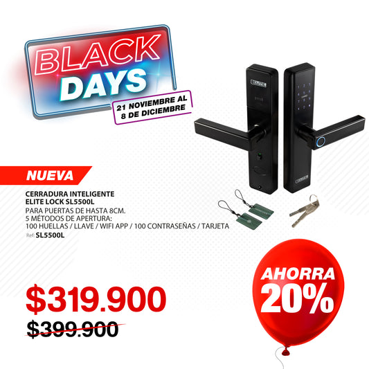 Cerradura inteligente ELITE para puertas de hasta 8cm de ancho. 5 métodos de apertura: huella, aplicación (wifi), tarjeta, contraseña y llave.