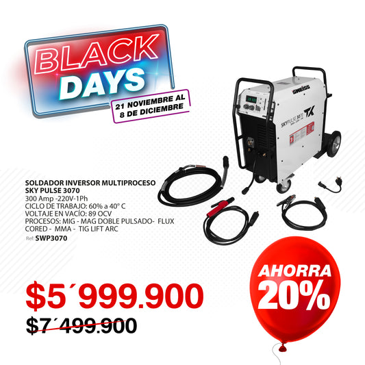 Kit soldador inversor multiprocesos skypulse 3070 tx - 300a 1ph 220v - doble pulsado 15kg + antorcha