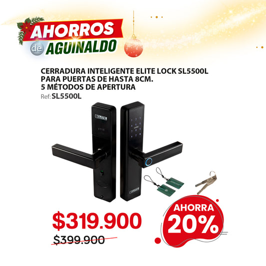 Cerradura inteligente ELITE para puertas de hasta 8cm de ancho. 5 métodos de apertura: huella, aplicación (wifi), tarjeta, contraseña y llave.