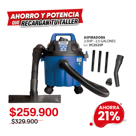 Aspiradora ELITE 2.5HP 9.5L/2.5 GL húmedo/seco con soplado