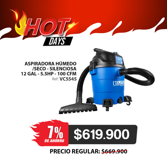 Aspiradora ultra silenciosa ELITE 5.5HP 45 L /12 GL húmedo/seco